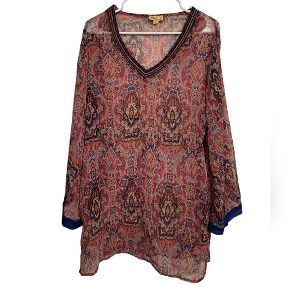 Akaru Beautiful Mosaic Print Blouse w/Beaded Neckline, XL - Picture 1 of 9